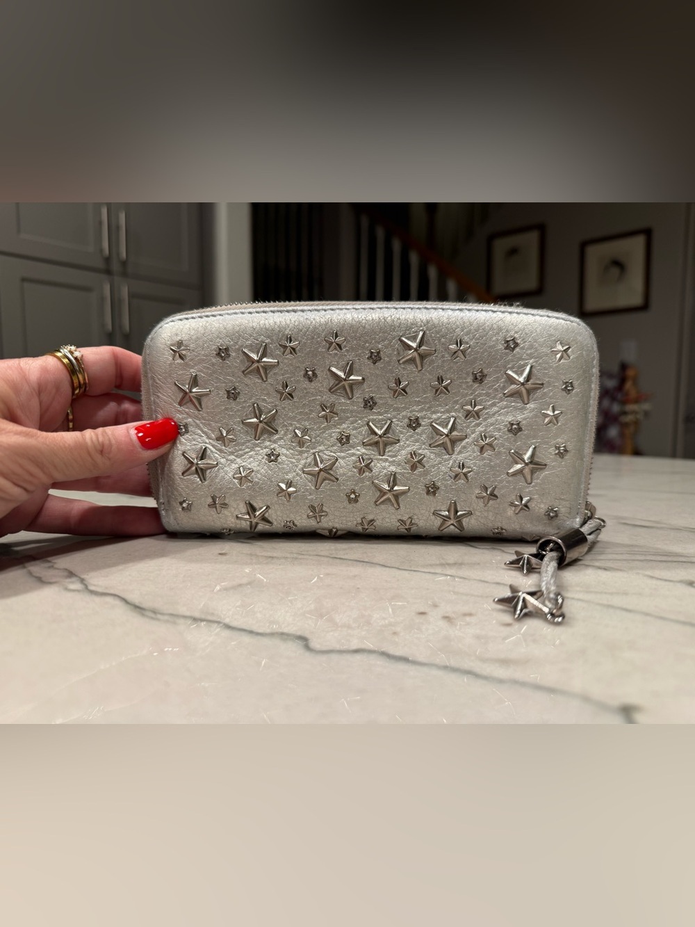 Jimmy Choo Nellie Silver Metallic Star Stud Zip Around Wallet Made in Italy